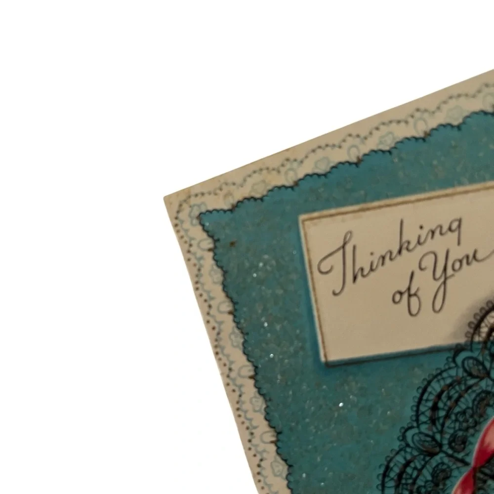 Unused Vintage 50s Thinking of You Card Fan and Roses Scalloped Friendship